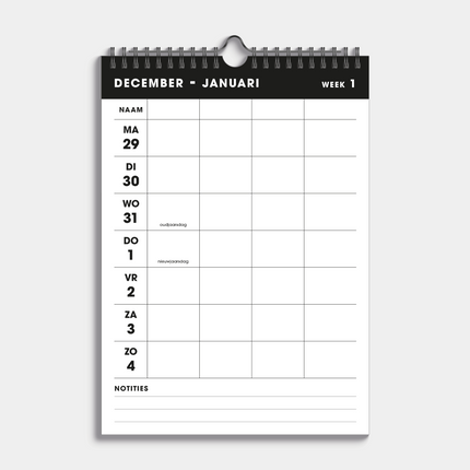 De Hobbit A4 Spiraal Familieplanner 2026 Zwart 4 Persoons