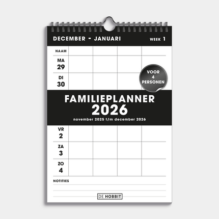 De Hobbit A4 Spiraal Familieplanner 2026 Zwart 4 Persoons