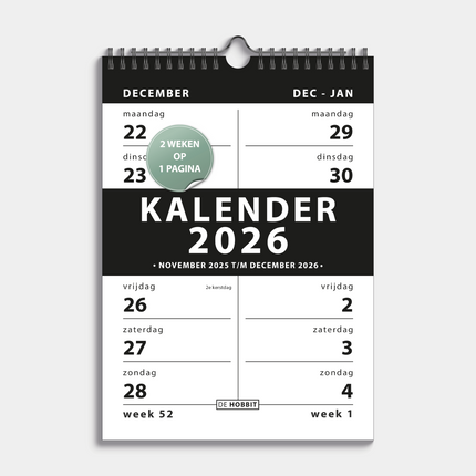 De Hobbit A4 Spiraalkalender 2-weeks 2026 Zwart