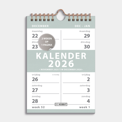 De Hobbit A5 Spiraalkalender 2-weeks 2026 Grijs Groen