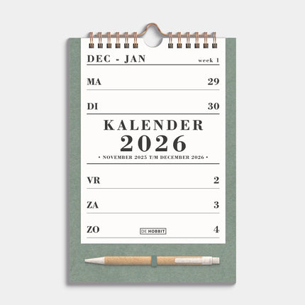 De Hobbit A5 Spiraalkalender 2026 Groen met Pen