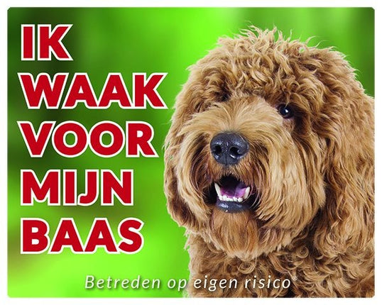 Stickerkoning Labradoodle Waakbord - Ik waak voor mijn baas blond