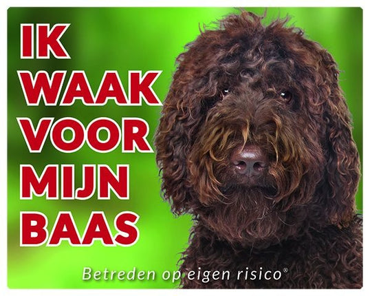 Stickerkoning Labradoodle Waakbord - Ik waak voor mijn baas bruin