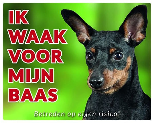 Stickerkoning Miniatuur Pinscher Waakbord - Ik waak voor Zwart