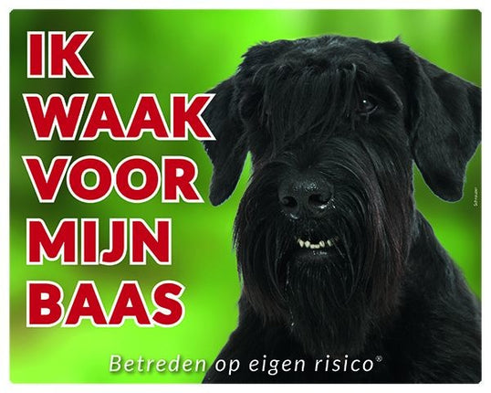 Stickerkoning Schnauzer Waakbord - Ik waak voor mijn baas Zwart