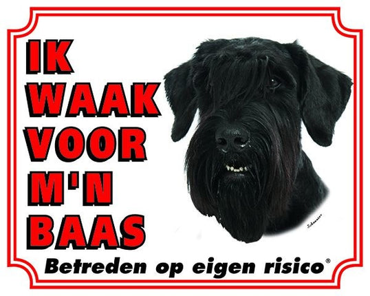 Stickerkoning Schnauzer Waakbord - Ik waak voor mijn baas Zwart