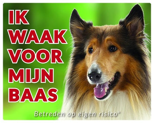 Stickerkoning Schotse Herder / Collie Waakbord - Ik waak Bruin