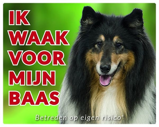 Stickerkoning Schotse Herder / Collie Waakbord - Ik waak Zwart