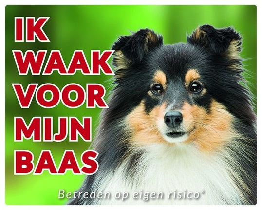 Stickerkoning Shetland Sheepdog Waakbord - Ik waak voor Zwart