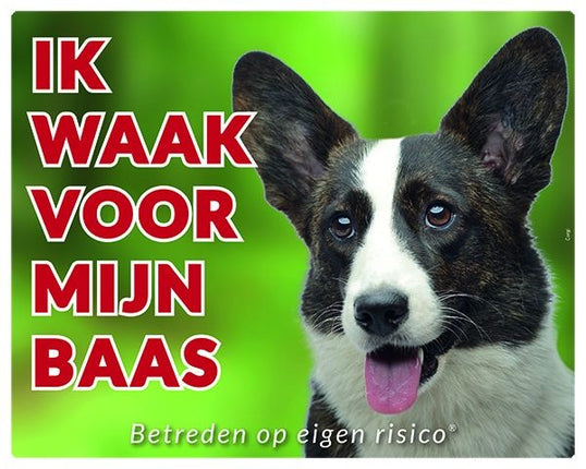 Stickerkoning Welsh Corgi Brindle Waakbord - Ik waak voor