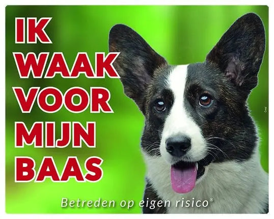 Stickerkoning Welsh Corgi Brindle Waakbord - Ik waak voor
