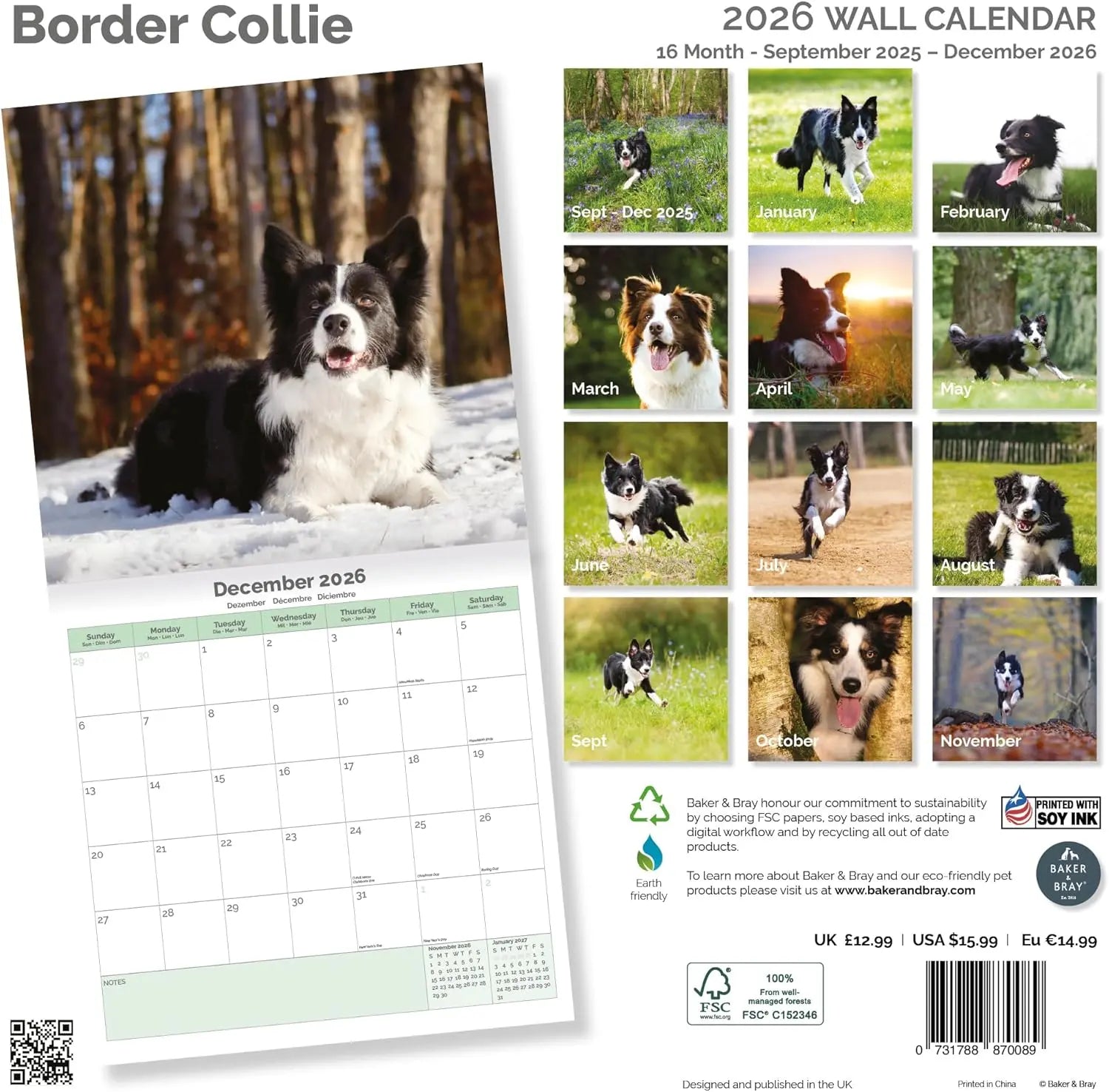 Grupo Erik Calendrier Mural 2026 Chiens – 30x60 Cm Mensuel Janvier-Décembre Multilingue