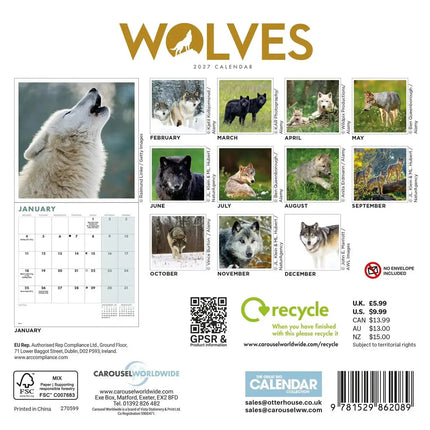 CarouselCalendars Wolven Kalender 2027 Mini