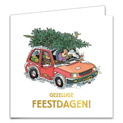 Comello Jan van Haasteren Kerstkaarten - Boom op auto - Glijden van het dak