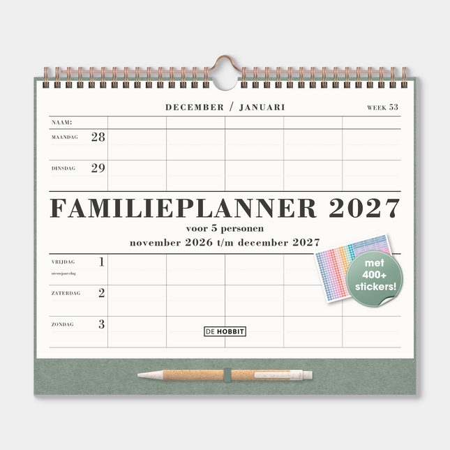 De Hobbit A4+ Spiraal Familieplanner 2027 Groen 5 Personen