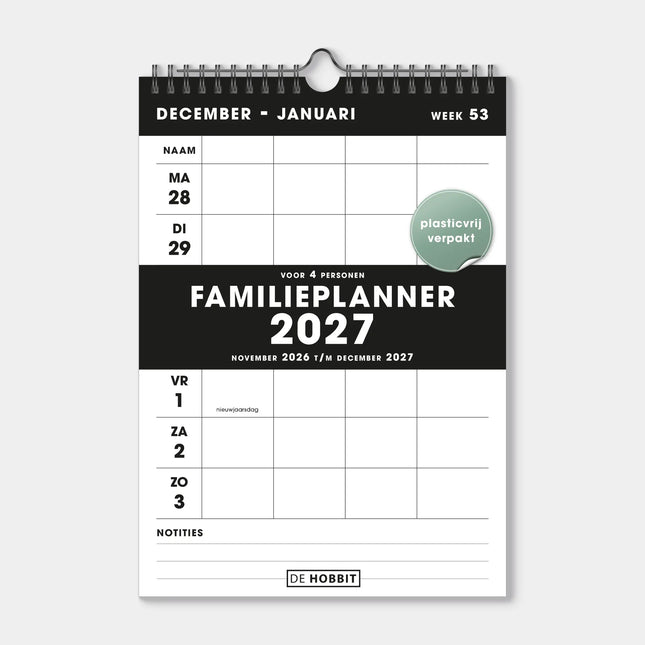 De Hobbit A4 Spiraal Familieplanner 2027 Zwart 4 Persoons