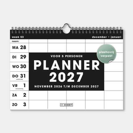 De Hobbit A4 Spiraal Familieplanner 2027 Zwart 5 personen