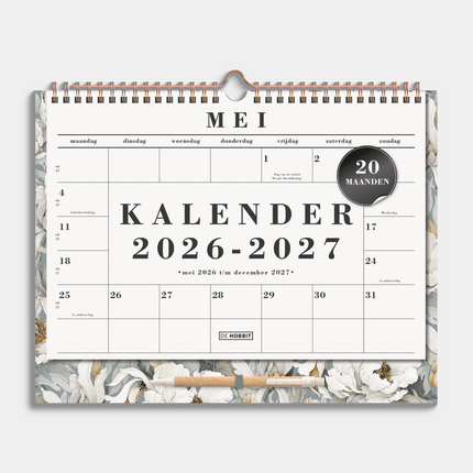 De Hobbit Maandkalender 2026-2027 A4+ Witte Pioenrozen