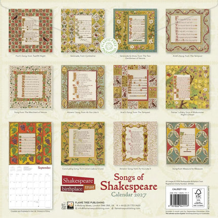 Flame Tree Songs of Shakespeare Kalender 2027
