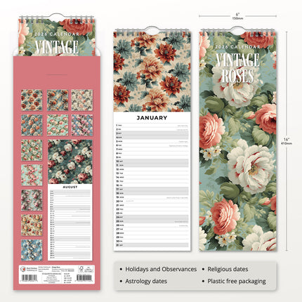 Red Robin Vintage Roses Slimline Kalender 2026
