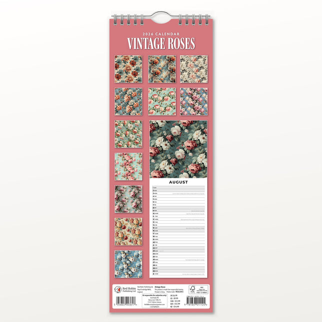 Red Robin Vintage Roses Slimline Kalender 2026