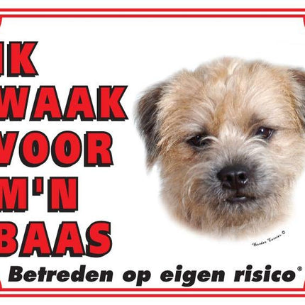 Stickerkoning Border Terrier Waakbord - Ik waak voor mijn baas