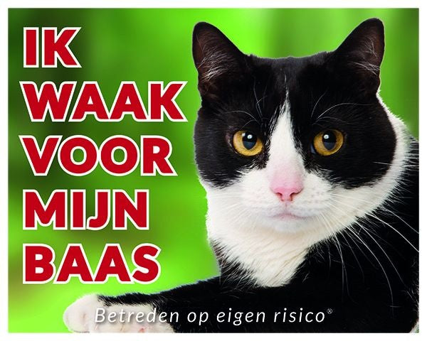 Stickerkoning Katten Waakbord - Ik waak voor mijn baas zwart-wit