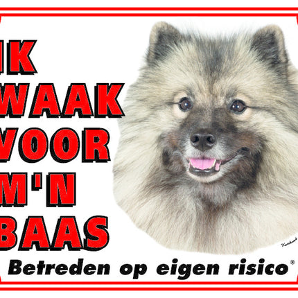 Stickerkoning Keeshond Waakbord - Ik waak voor mijn Baas Grijs