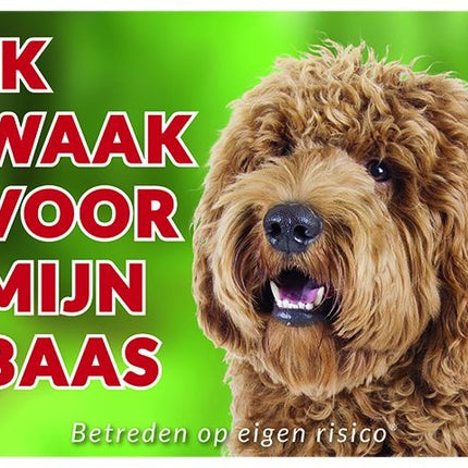 Stickerkoning Labradoodle Waakbord - Ik waak voor mijn baas blond