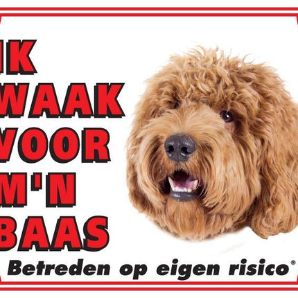 Stickerkoning Labradoodle Waakbord - Ik waak voor mijn baas blond