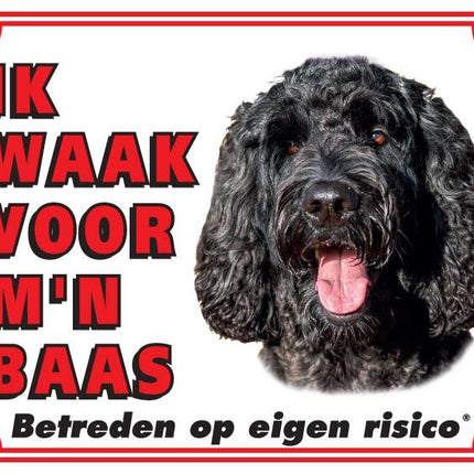 Stickerkoning Labradoodle Waakbord - Ik waak voor mijn baas Zwart