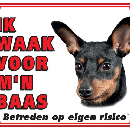 Stickerkoning Miniatuur Pinscher Waakbord - Ik waak voor Zwart