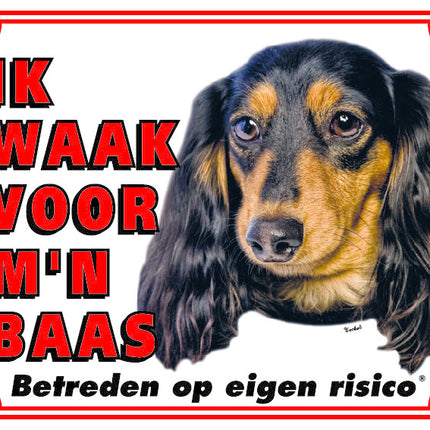 Stickerkoning Teckel Langhaar Waakbord - Ik waak voor mijn Baas