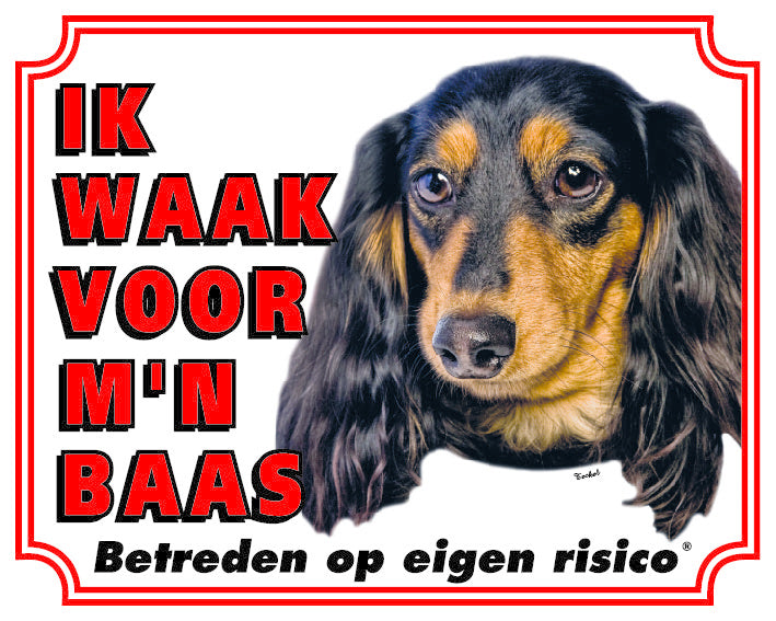 Stickerkoning Teckel Langhaar Waakbord - Ik waak voor mijn Baas