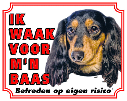 Stickerkoning Teckel Langhaar Waakbord - Ik waak voor mijn Baas