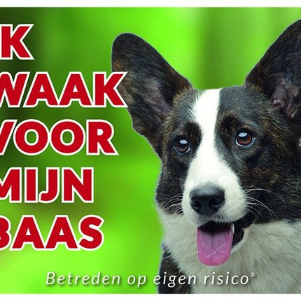 Stickerkoning Welsh Corgi Brindle Waakbord - Ik waak voor