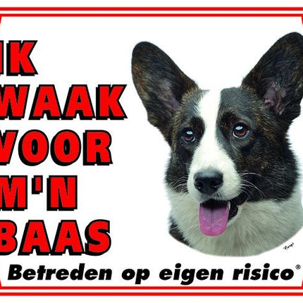 Stickerkoning Welsh Corgi Brindle Waakbord - Ik waak voor