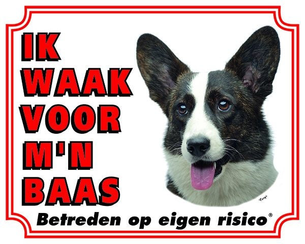 Stickerkoning Welsh Corgi Brindle Waakbord - Ik waak voor